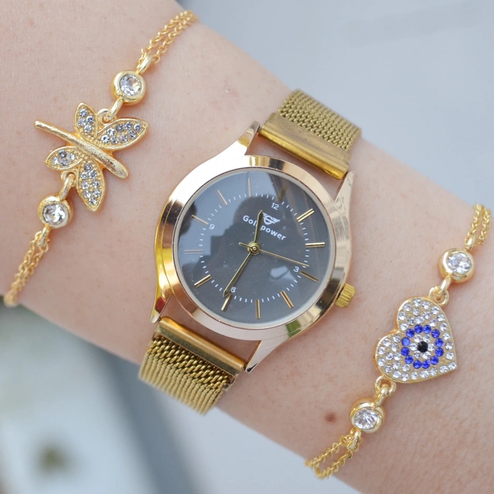 Gold Hasır Mıknatıslı Kordon Kadın Saat Kombini 3134