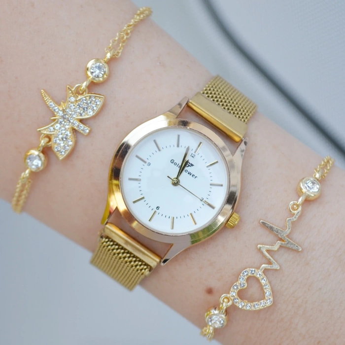 Gold Hasır Mıknatıslı Kordon Kadın Saat Kombini 3135