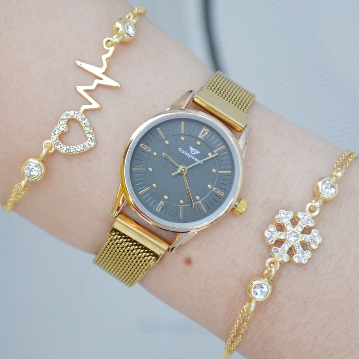 Gold Hasır Mıknatıslı Kordon Kadın Saat Kombini 3140