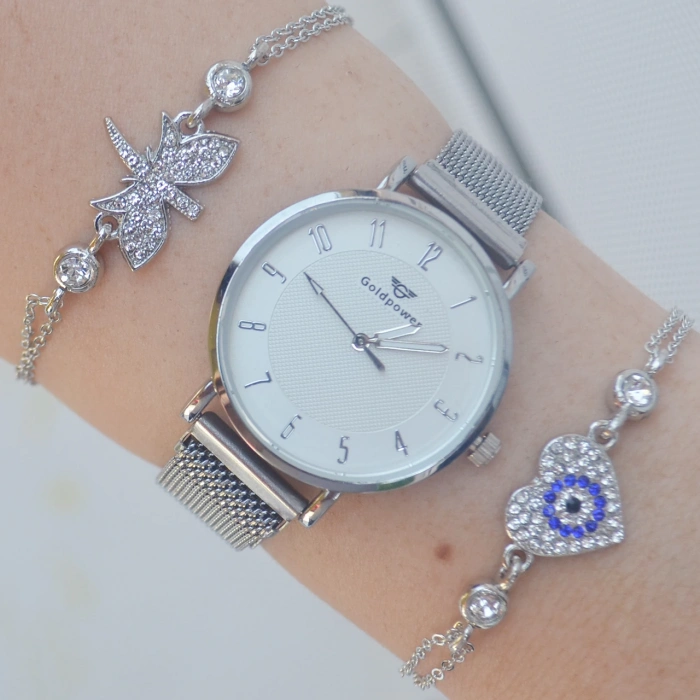 Silver Hasır Mıknatıslı Kordon Kadın Saat Kombini 3148