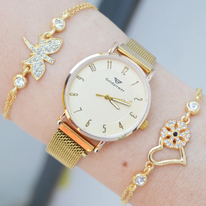 Gold Hasır Mıknatıslı Kordon Kadın Saat Kombini 3150