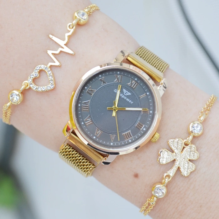 Gold Hasır Mıknatıslı Kordon Kadın Saat Kombini 3166