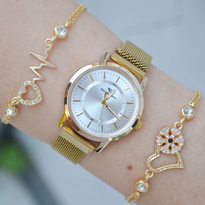 Gold Hasır Mıknatıslı Kordon Kadın Saat Kombini 3169