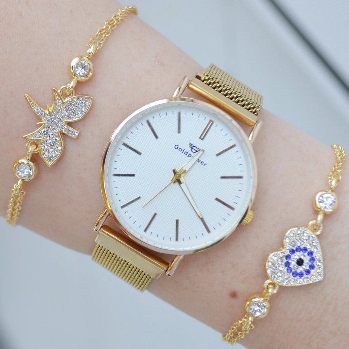 Gold Hasır Mıknatıslı Kordon Kadın Saat Kombini 3175