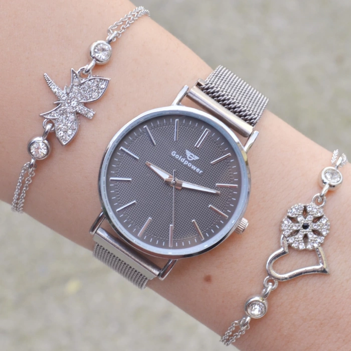 Silver Hasır Mıknatıslı Kordon Kadın Saat Kombini 3180