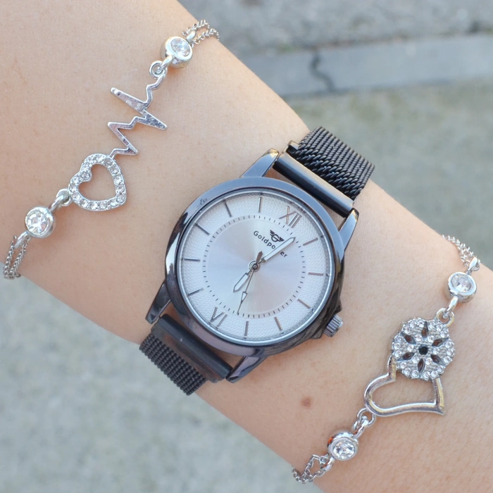 Siyah Hasır Mıknatıslı Kordon Kadın Saat Kombini 3186