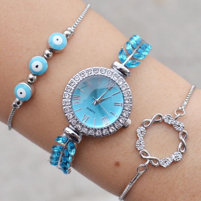 Mavi Zirkon Taşlı Metal Kordon Kadın Saat Kombini 3209