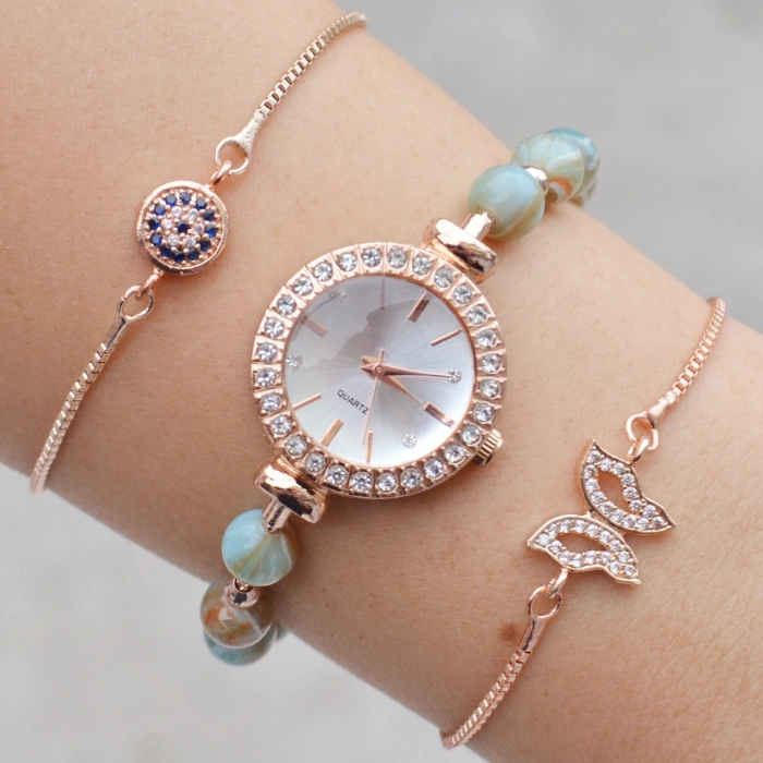 Boncuklu Metal Kordon Kadın Saat Kombini 3216
