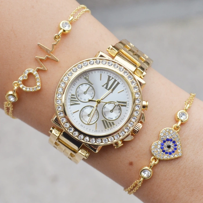 Gold Metal Kordon Kadın Saat Kombini 3219