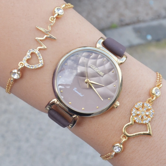 Kahverengi Deri Kordon Kadın Saat Kombini 3224