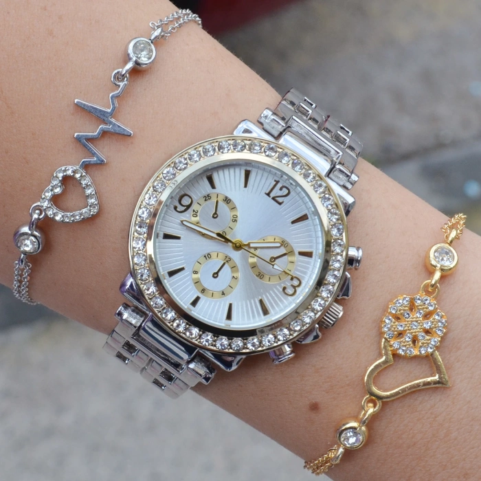 Silver Gold Metal Kordon Kadın Saat Kombini 3245