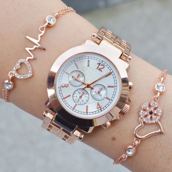 Rosegold Metal Kordon Kadın Saat Kombini 3247