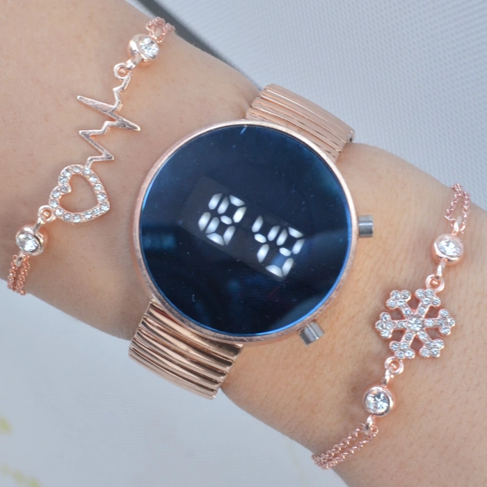 Rosegold Metal Kordon Dijital Kadın Saat Kombini 3262