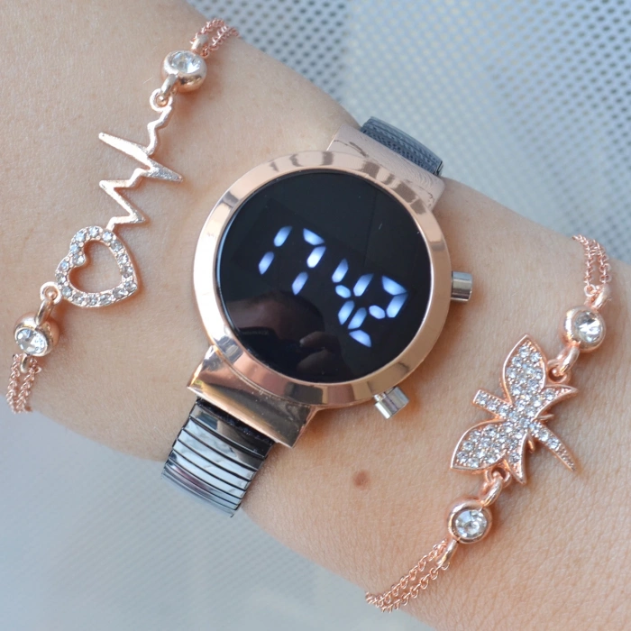 Siyah Metal Kordon Dijital Kadın Saat Kombini 3274