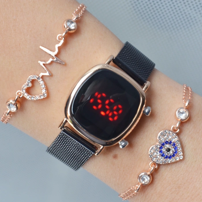 Siyah Hasır Kordon Dijital Kadın Saat Kombini 3275