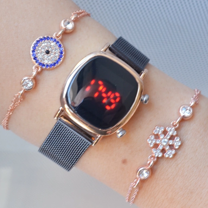 Siyah Hasır Kordon Dijital Kadın Saat Kombini 3275