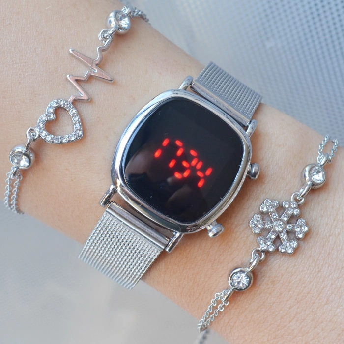 Silver Hasır Kordon Dijital Kadın Saat Kombini 3277