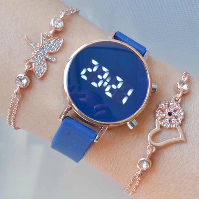 Mavi Silikon Kordon Dijital Kadın Saat Kombini 3279