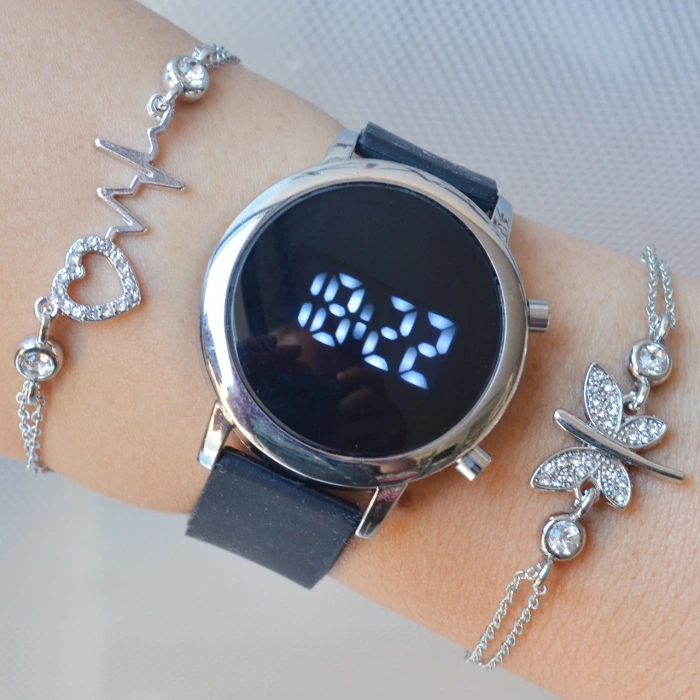 Siyah Silikon Kordon Dijital Kadın Saat Kombini 3284