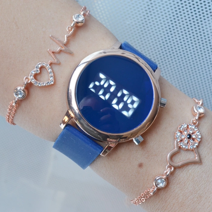 Mavi Silikon Kordon Dijital Kadın Saat Kombini 3286
