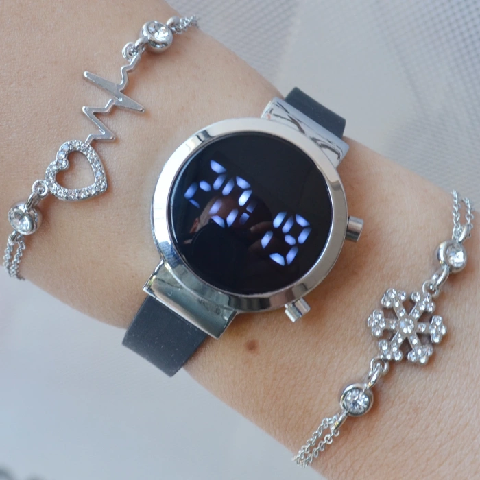 Siyah Silikon Kordon Dijital Kadın Saat Kombini 3288