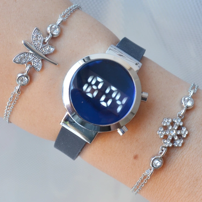 Siyah Silikon Kordon Dijital Kadın Saat Kombini 3291