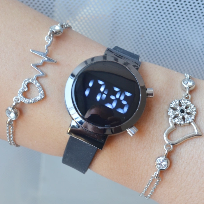 Siyah Silikon Kordon Dijital Kadın Saat Kombini 3292