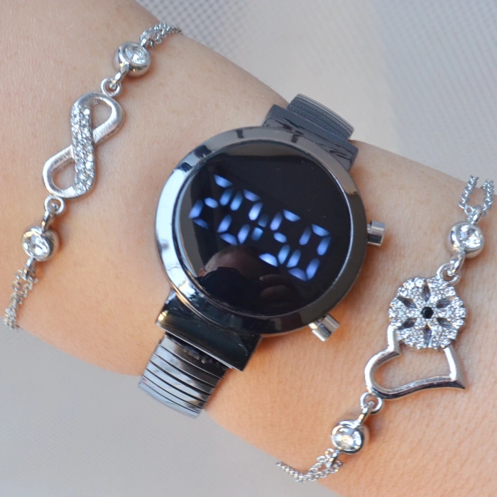 Siyah Metal Kordon Dijital Kadın Saat Kombini 3302