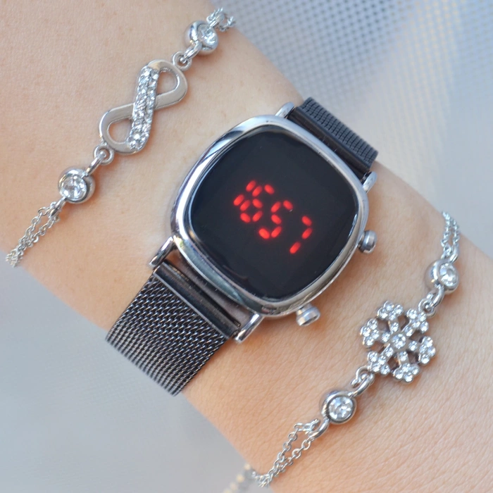 Siyah Hasır Kordon Dijital Kadın Saat Kombini 3305