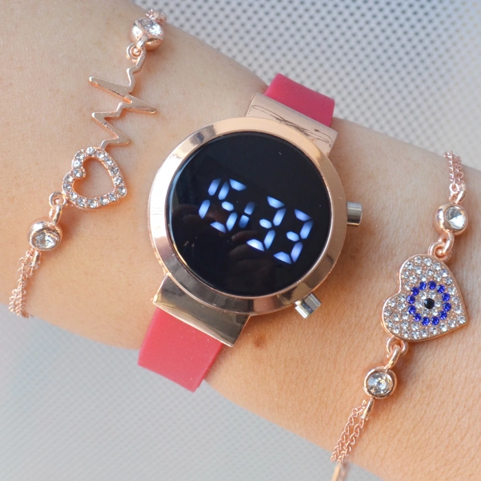 Kırmızı Silikon Kordon Dijital Kadın Saat Kombini 3307