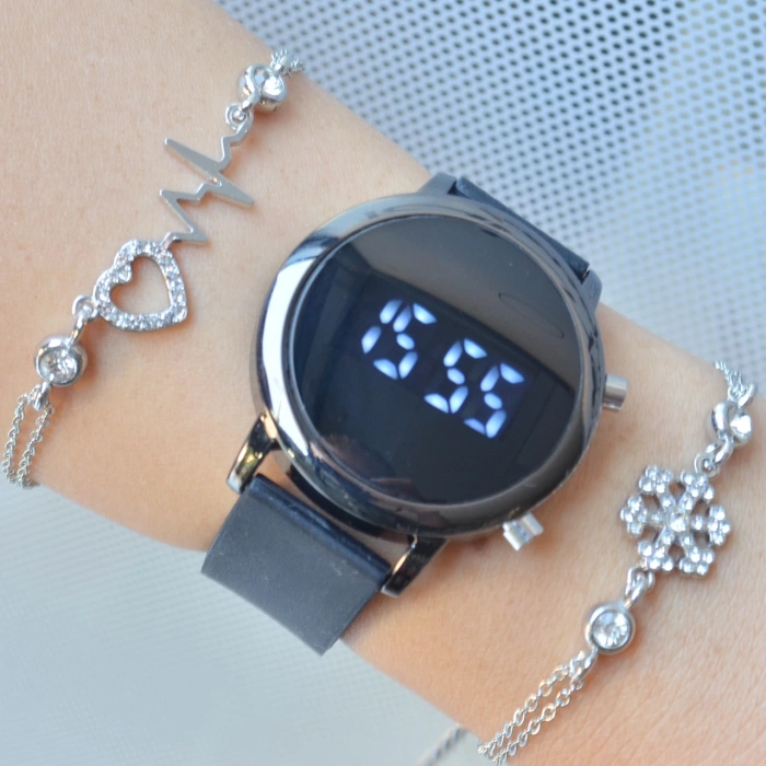 Siyah Silikon Kordon Dijital Kadın Saat Kombini 3309
