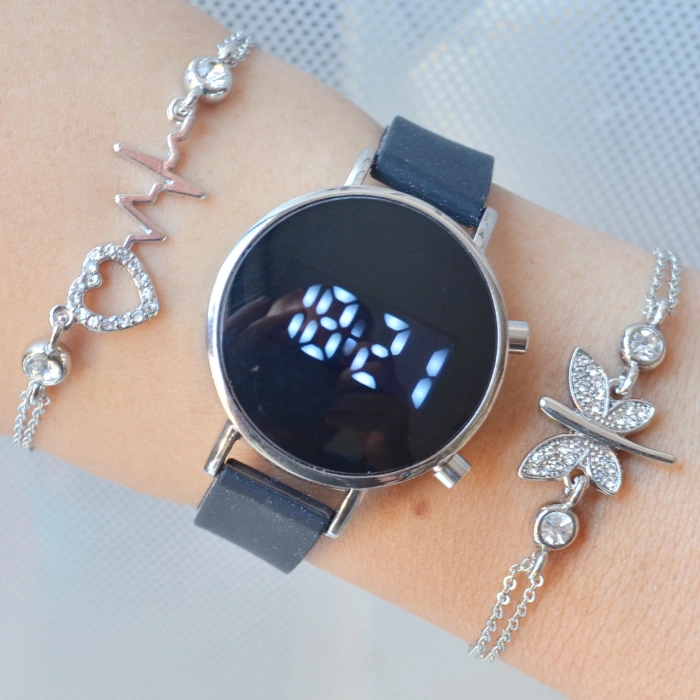 Siyah Silikon Kordon Dijital Kadın Saat Kombini 3311