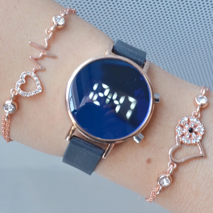 Siyah Silikon Kordon Dijital Kadın Saat Kombini 3312