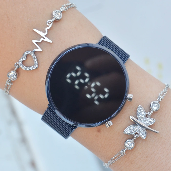 Mavi Mıknatıslı Hasır Kordon Dijital Kadın Saat Kombini 3316