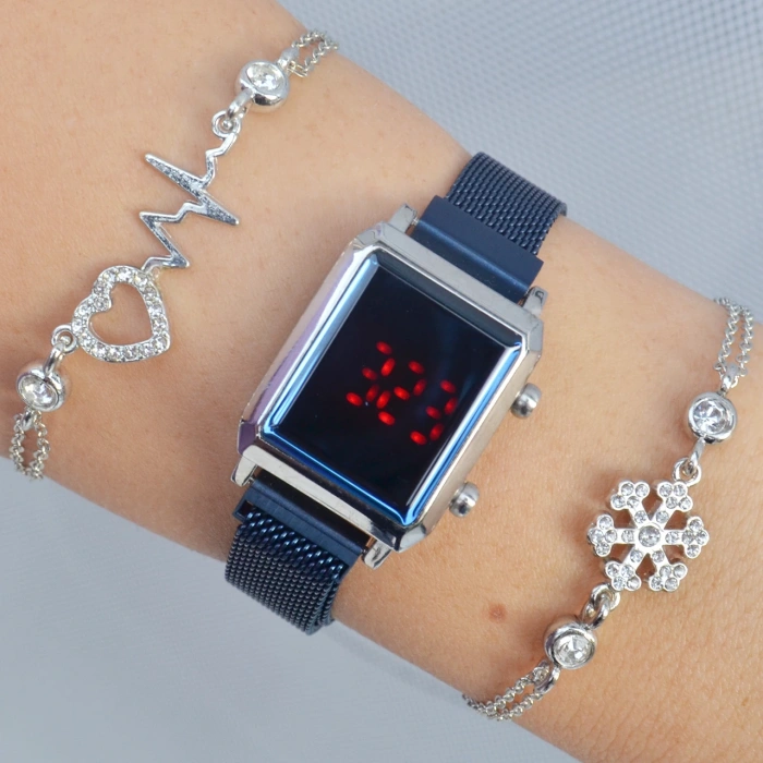 Mavi Mıknatıslı Hasır Kordon Dijital Kadın Saat Kombini 3319