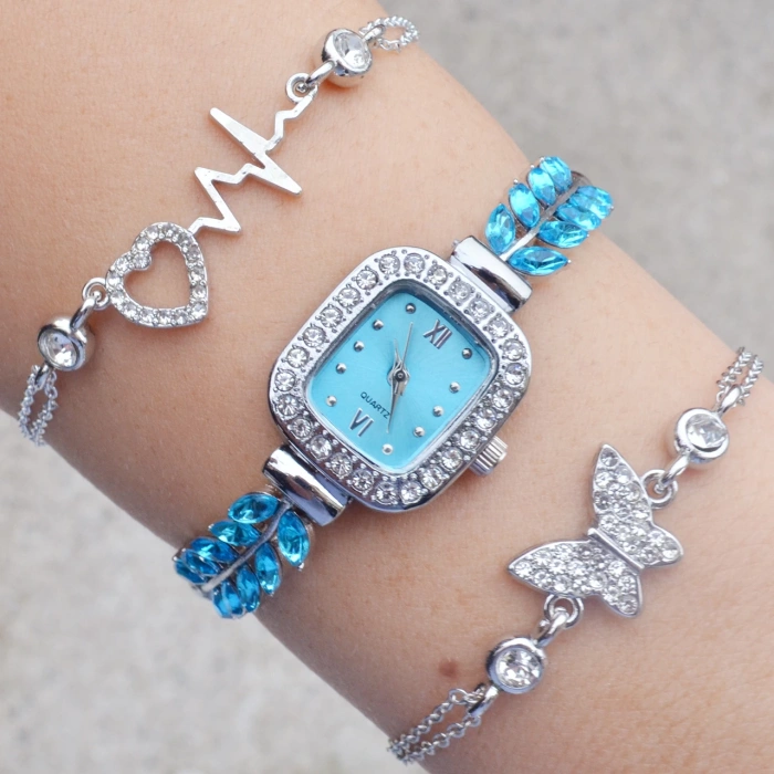 Mavi Zirkon Taşlı Silver Metal Kordon Kadın Saat Kombini 3340