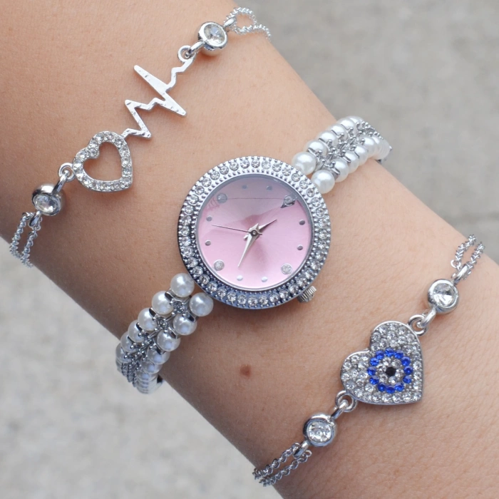 İncili Silver Metal Kordon Kadın Saat Kombini 3345