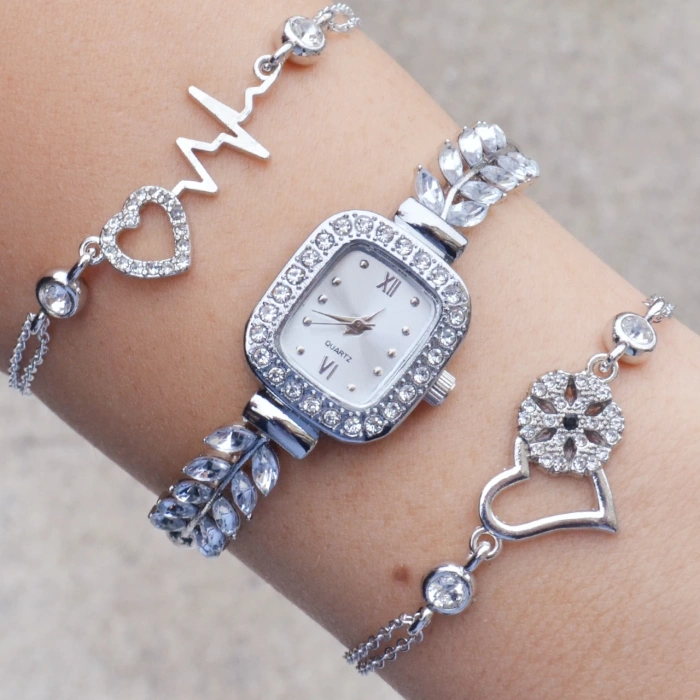 Zirkon Taşlı Silver Metal Kordon Kadın Saat Kombini 3347