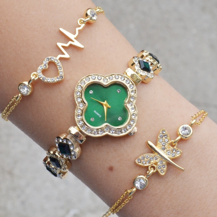 Gold Metal Kordon Kadın Saat Kombini 3349