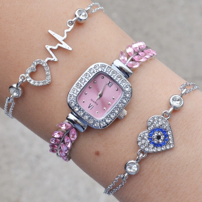 Pembe Zirkon Taşlı Silver Metal Kordon Kadın Saat Kombini 3351