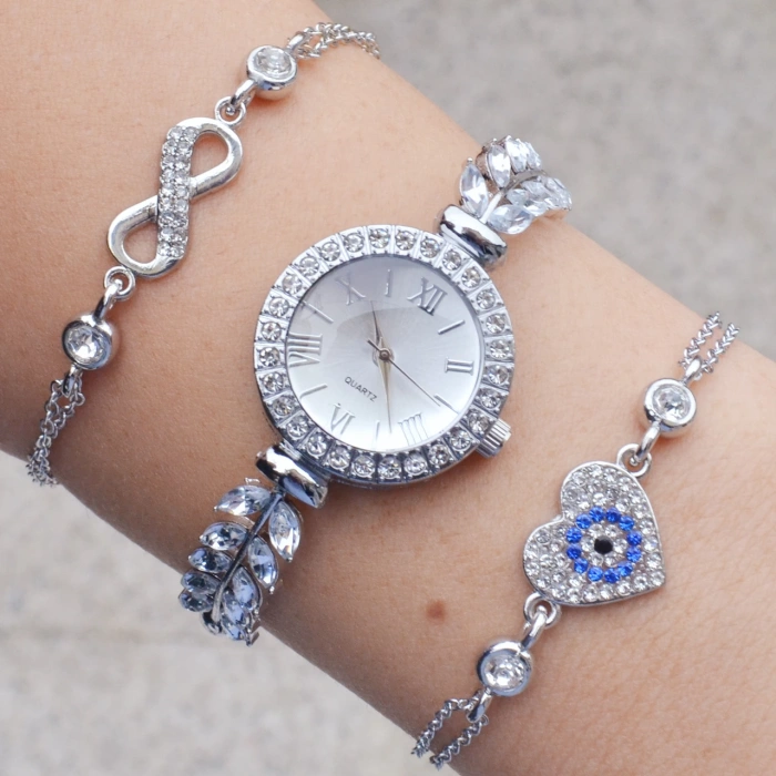 Zirkon Taşlı Silver Metal Kordon Kadın Saat Kombini 3353