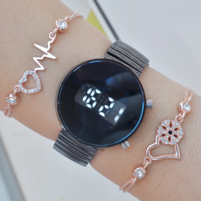 Siyah Metal Kordon Dijital Kadın Saat Kombini 3382