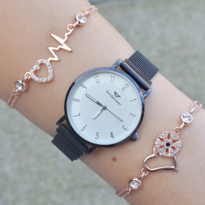 Siyah Mıknatıslı Hasır Kordon Kadın Saat Kombini 3419