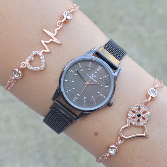 Siyah Mıknatıslı Hasır Kordon Kadın Saat Kombini 3420