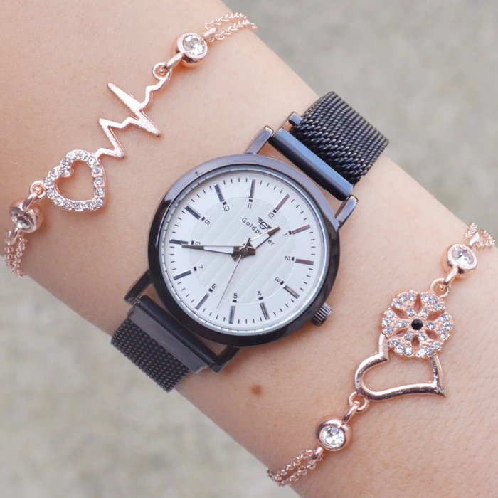 Siyah Mıknatıslı Hasır Kordon Kadın Saat Kombini 3421