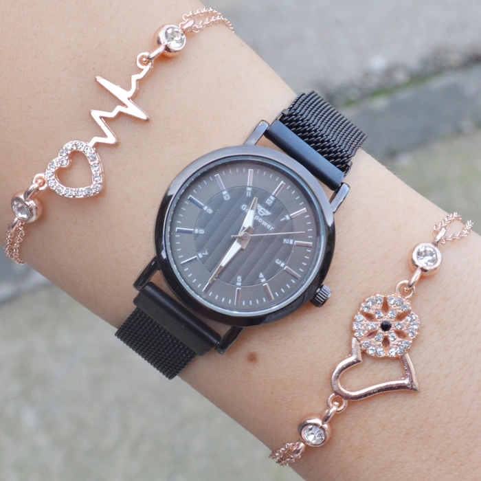 Siyah Mıknatıslı Hasır Kordon Kadın Saat Kombini 3423