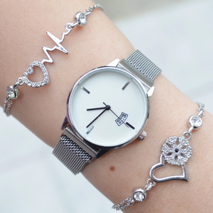 Silver Mıknatıslı Hasır Kordon Kadın Saat Kombini 8566