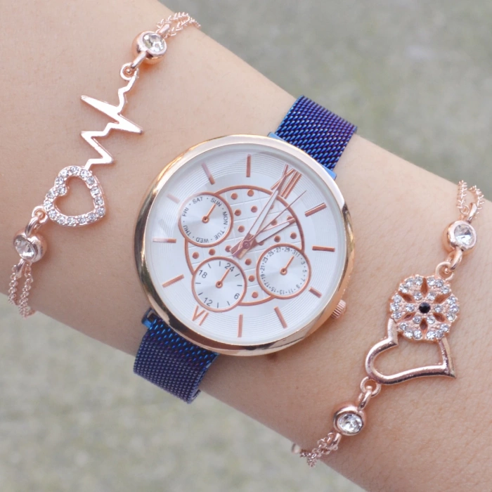 Mavi Hasır Mıknatıslı Kordon Kadın Saat Kombini 8788
