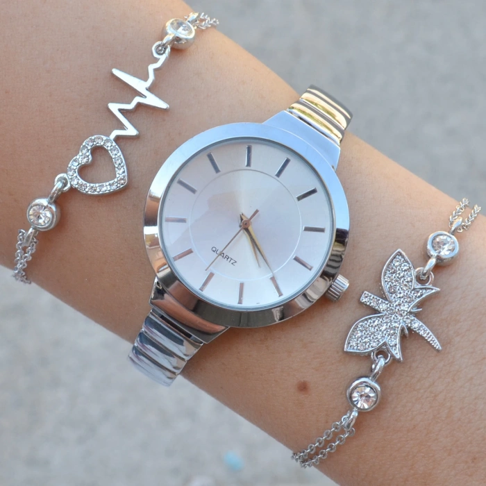 Silver Metal Kordon Kadın Saat Kombini 9268