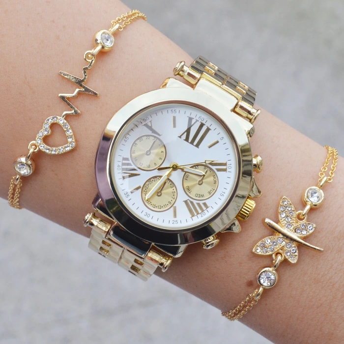 Gold Metal Kordon Kadın Saat Kombini 9816